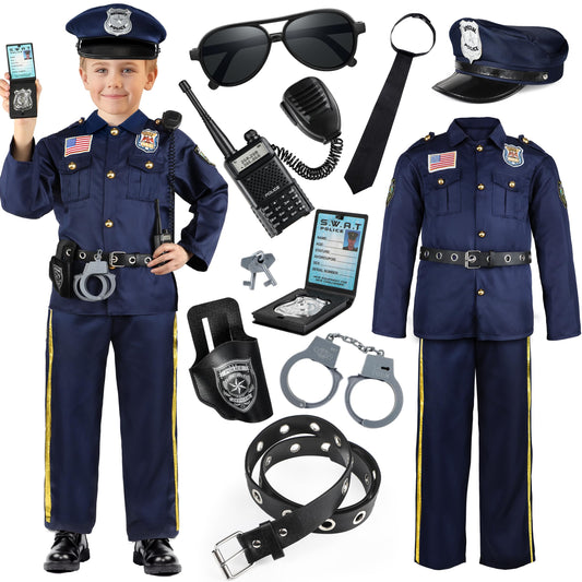 Joycover Police Officer Costume for Kids, Cop Costume Outfit Set with Toy Accessories, Halloween Costumes for Boys