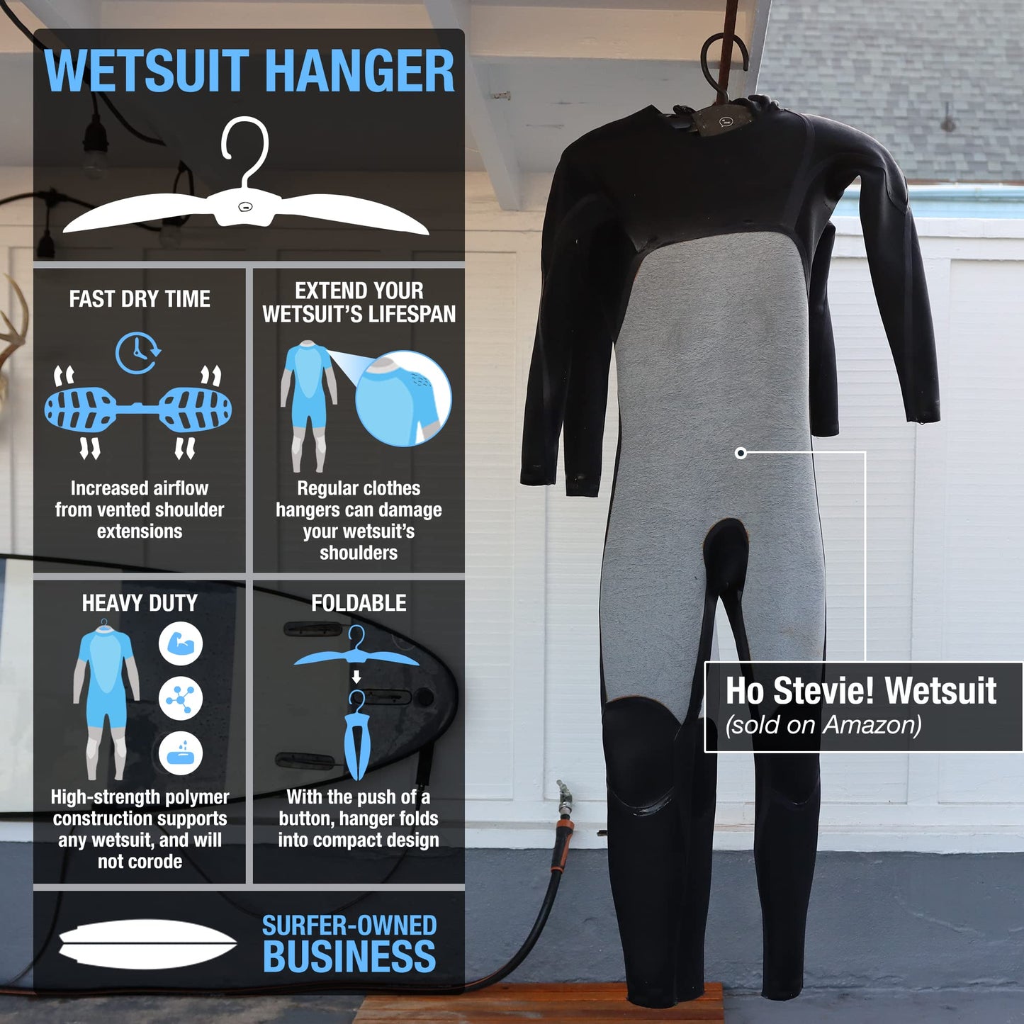 Ho Stevie! Wetsuit Hanger - Wet Suit Dries Faster, No Shoulder Stretching - Vented Shoulder Support Hanger for All Wetsuits
