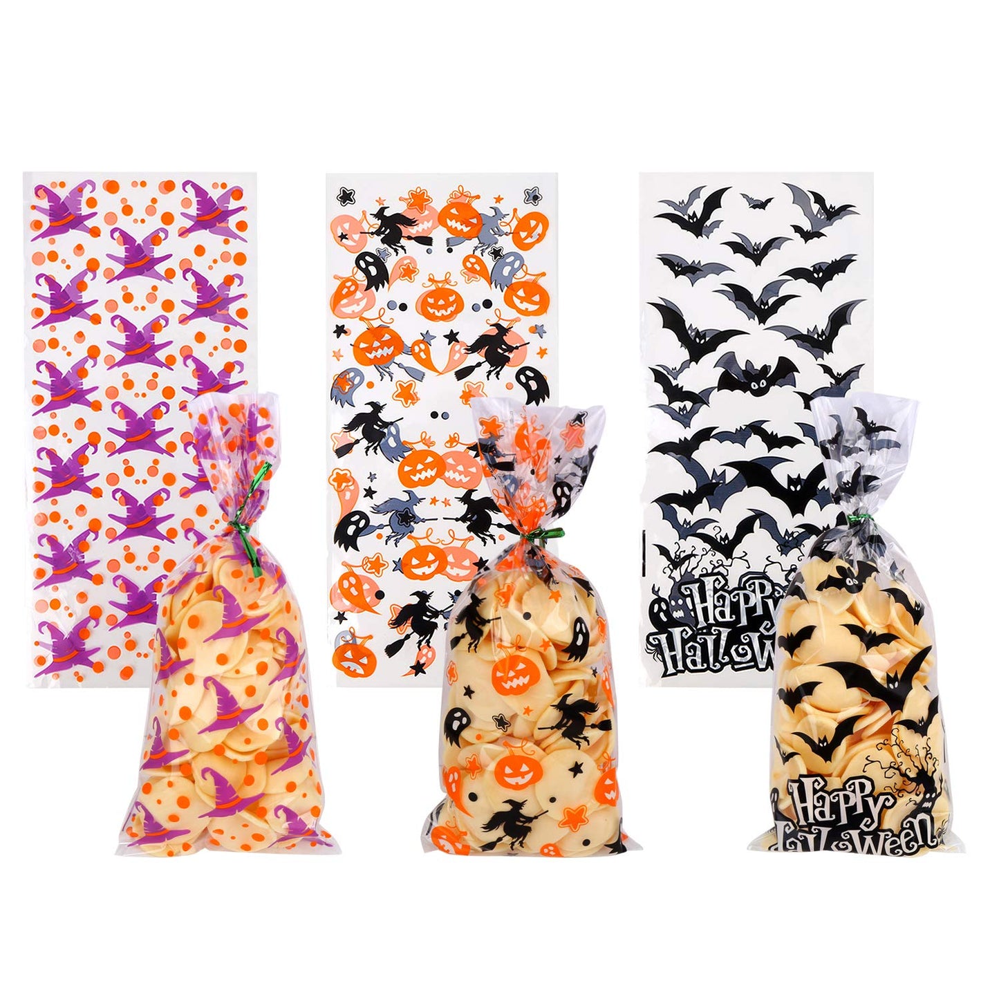 DIYASY 150 Pcs Halloween Cellophane Treat Bags, Clear Candy Bags Plastic Bats Pumpkin Bag Witch Goody Bag with 300 Twist Ties for Kids Party Favor