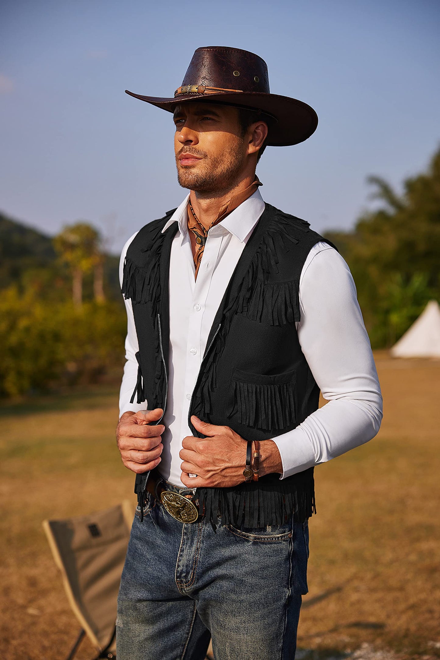 COOFANDY Men's Western Cowboy Vest Halloween Fringe Hippie Costume V Neck Zipper Suede Leather Waistcoat