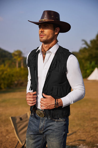 COOFANDY Men's Western Cowboy Vest Halloween Fringe Hippie Costume V Neck Zipper Suede Leather Waistcoat