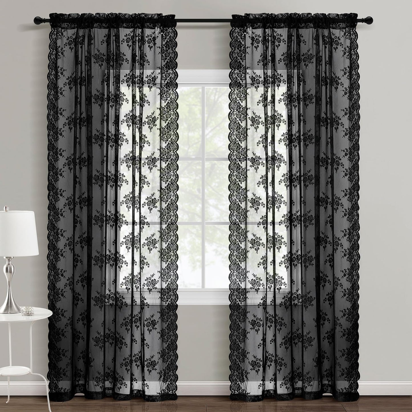 Kotile Black Lace Curtains 63 Inch Length 2 Panels, Country Rustic Floral Gothic Sheer Curtains for Halloween, Rod Pocket Vintage Privacy Sheer Lace Curtains, 42 x 63 Inch Each, 1 Pair, Black