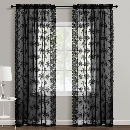 Kotile Black Lace Curtains 63 Inch Length 2 Panels, Country Rustic Floral Gothic Sheer Curtains for Halloween, Rod Pocket Vintage Privacy Sheer Lace Curtains, 42 x 63 Inch Each, 1 Pair, Black