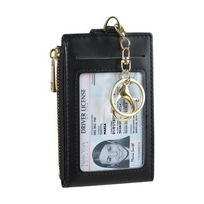 Cynure Women & Men Leather RFID Blocking Card Holder Slim Small Zipper Keychain Front Pocket Wallet with 2 ID Window, 1-plain black