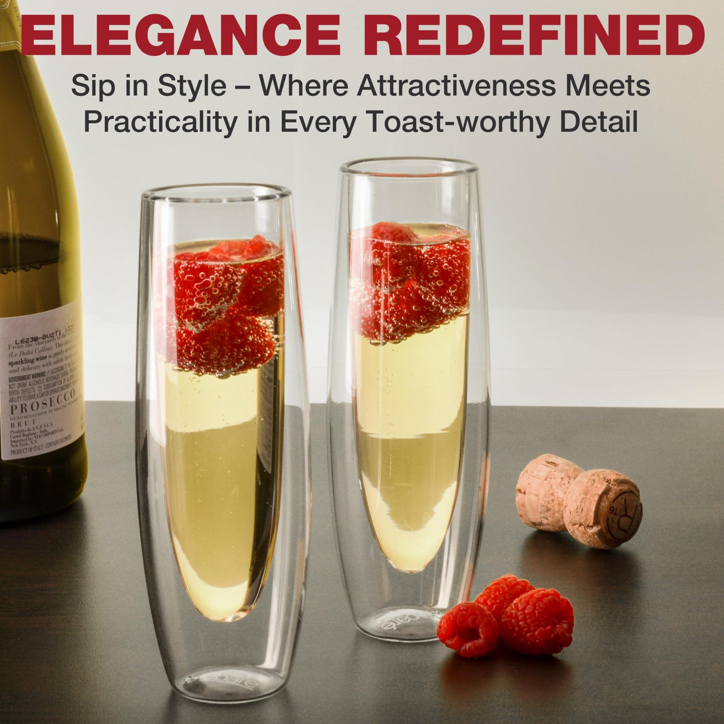 Eparé Double Wall Stemless Champagne Flutes Glass - Set of 2 Lightweight Mimosa and Prosecco Glasses for Bridal Shower, Bridesmaid Gift - Modern Stemless Champagne Glasses