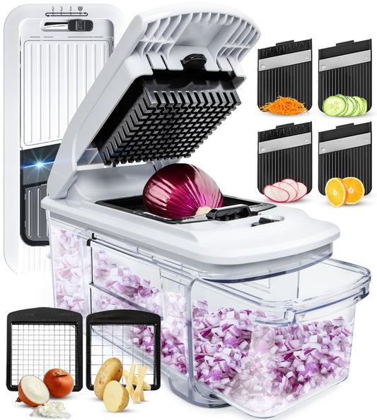 Fullstar All-in-1 Vegetable Chopper and Mandoline Slicer for Kitchen - Cheese Grater, French Fry Cutter, Cheese Slicer - Bonus Handheld Spiralizer Included (4 in 1, Black/White)