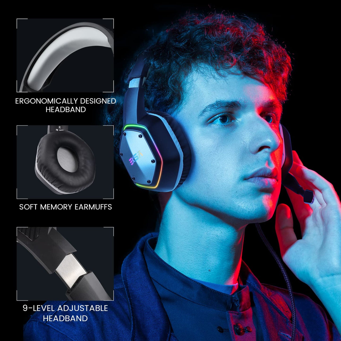 EKSA E1000 USB Gaming Headset for PC, Computer Headphones with Microphone/Mic Noise Cancelling, 7.1 Surround Sound, RGB Light - Wired Headphones for PS4, PS5 Console, Laptop, Call Center