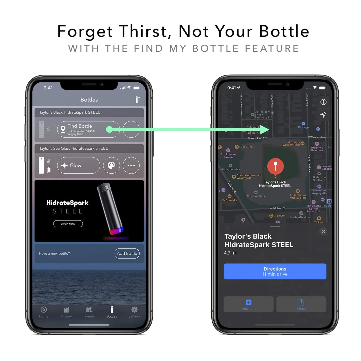 Hidrate Spark PRO Smart Water Bottle 21oz Brushed Steel | Tracks Water Intake, Bluetooth, LED Glow Reminder, When You Need to Drink, Chug Lid