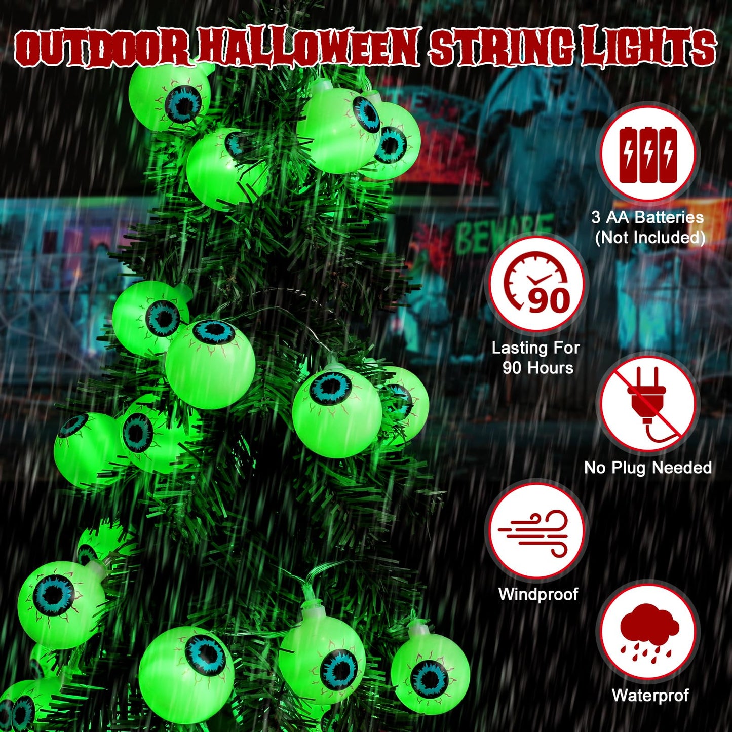 Halloween Decorations 30LED 17Ft Eyeball Halloween String Lights With Timer Remote Battery Operated 8 Modes Halloween Lights Halloween Indoor Outdoor Decorations For Home Garden Yard Halloween Décor