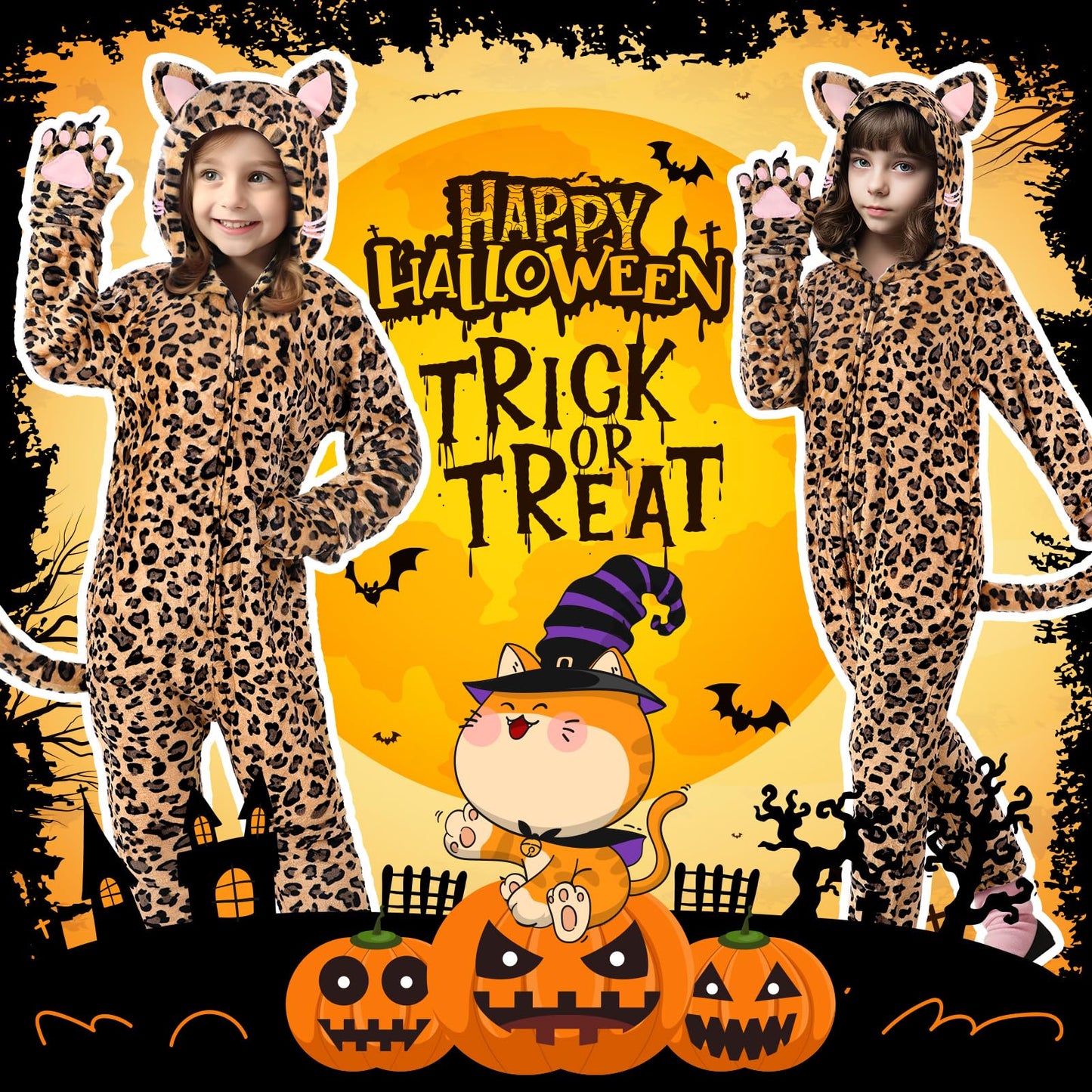 GIFTINBOX Leopard Costume Kids, Zip-Up Hooded Onesie Girls, Cat Costume for Girls Dress Up, Halloween Animal Costumes for Kids 5 6 7 8 9 10 11