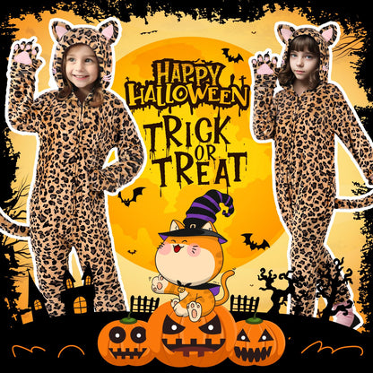 GIFTINBOX Leopard Costume Kids, Zip-Up Hooded Onesie Girls, Cat Costume for Girls Dress Up, Halloween Animal Costumes for Kids 5 6 7 8 9 10 11