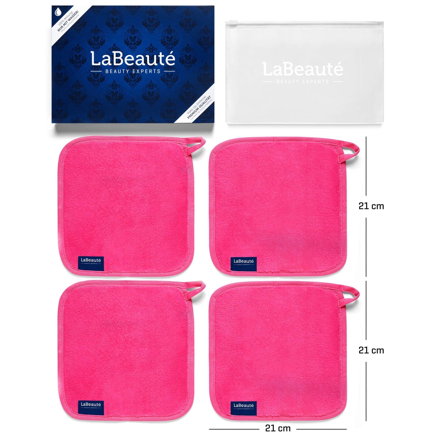 LaBeauté Make-Up Removal Wipes Microfibre (4 Pieces, 21 x 21 cm) Washable and Reusable Make Up Remover Pads, Microfibre Make-Up Pads, for Facial Cleansing and Make-Up Removal (Pink)