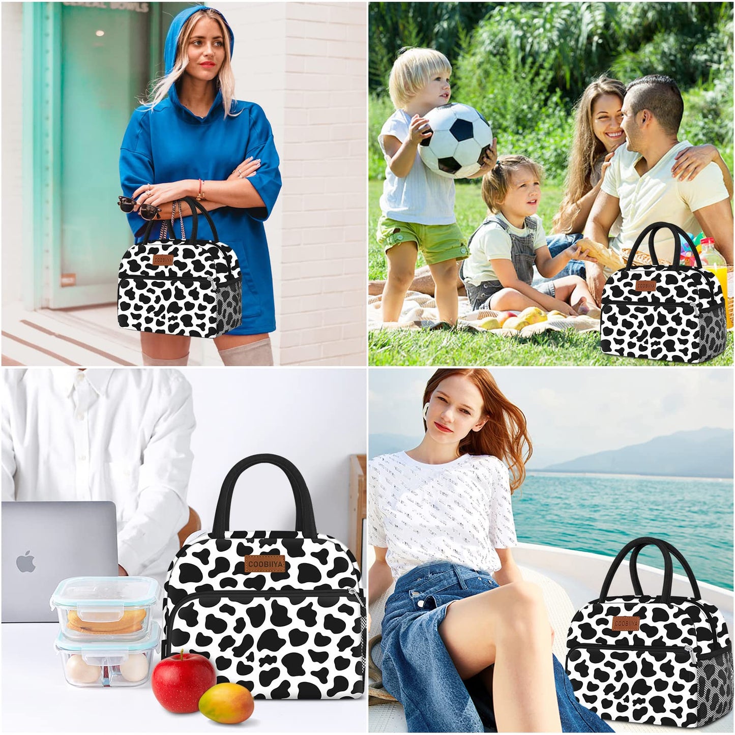 Coobiiya Lunch Bag Women, Lunch Box for Women Adult Men, Small Leakproof Cute Lunch Tote Large Capacity Reusable Insulated Cooler Lunch Container for Work/Office/Picnic/Travel-Cow