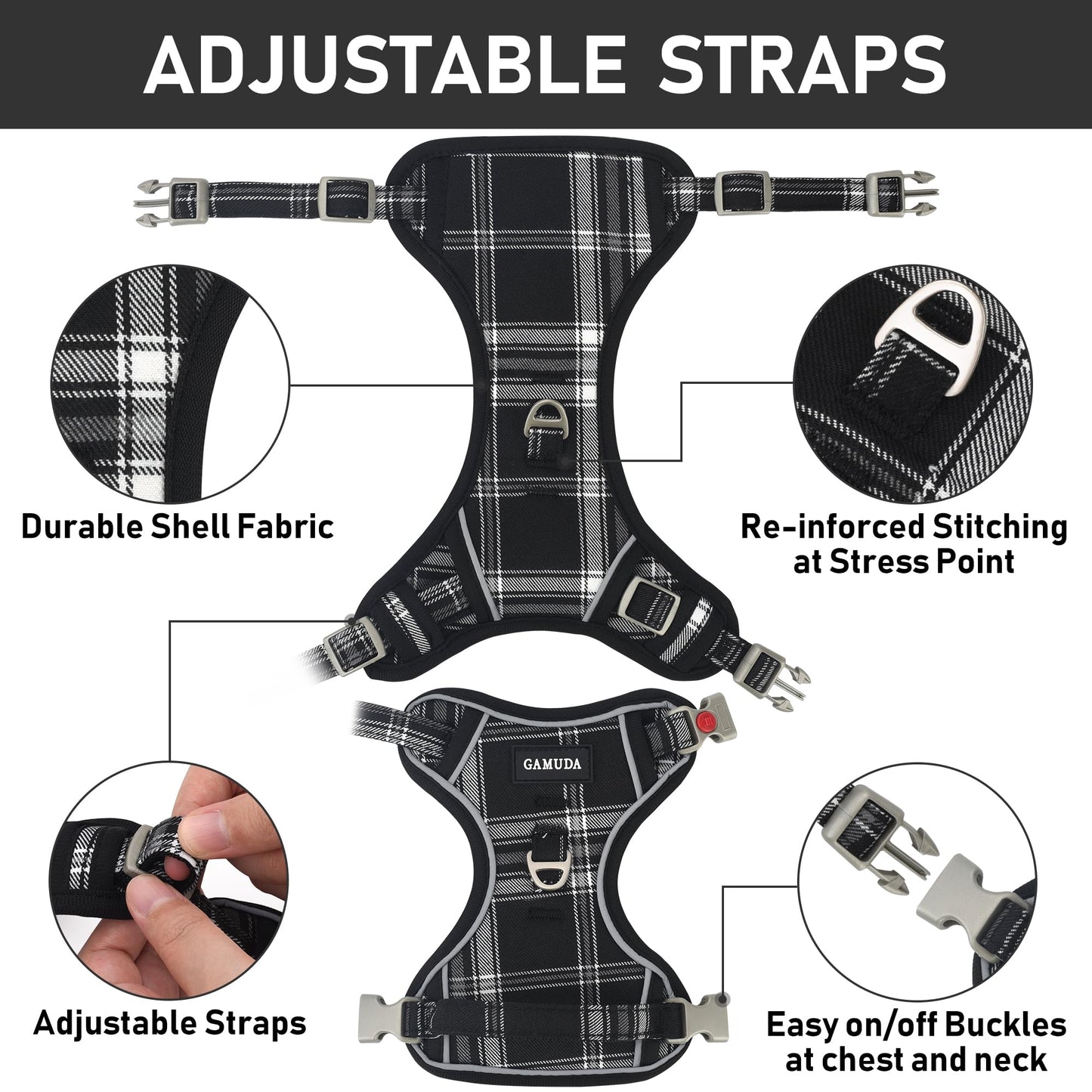 GAMUDA Dog Harness Collar and Leash Set, Horse Care Sheets, No Chock No Pull Adjustable Vest Harnesses Plaid Reflective for Medium Dog, Cat, Small Horse, Small Bull and Pig (Black, M)
