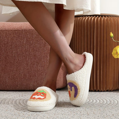 Halloween Slippers Womens Mens Retro Cozy Fluffy Plush Embroidered printing Warm Memory Foam Plush Warm Spooky Lantern Slippers Closed Toe House Bedroom Shoes Cookie Pumpkin39-40