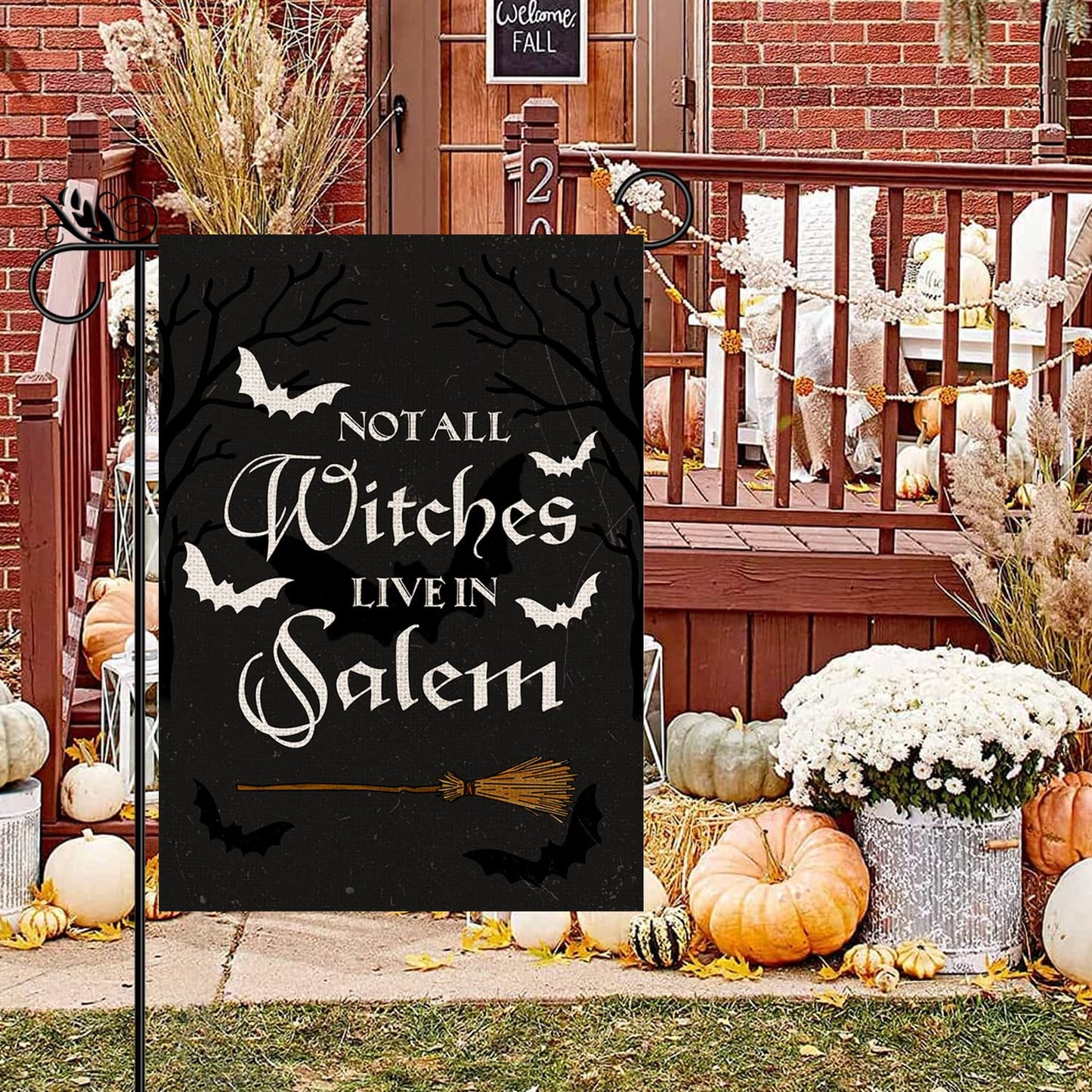 Halloween Garden Flag Not All Witches Live In Salem Broom Halloween Theme Vertical Double Sided Flag Holiday Farmhouse Patio Yard Outdoor Party Decor (Size-12.5" x 18")