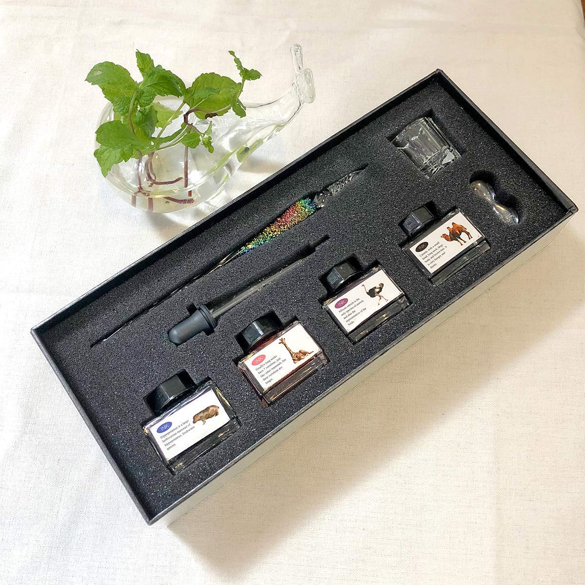 ESSSHOP Handmade Glass Dip Pen and Ink Set - 15ml Color Inks Pen Holder Cleaning Cup Ink Drip Tool Crystal Signature Ink Dipped Pen Kit for Art Writing Calligraphy Christmas Day Gifts