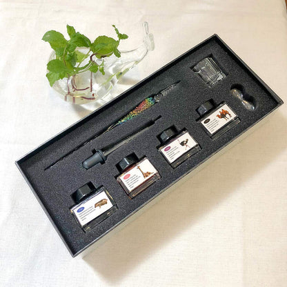 ESSSHOP Handmade Glass Dip Pen and Ink Set - 15ml Color Inks Pen Holder Cleaning Cup Ink Drip Tool Crystal Signature Ink Dipped Pen Kit for Art Writing Calligraphy Christmas Day Gifts