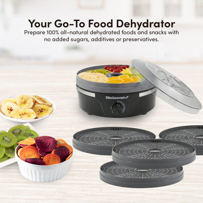 Elite Gourmet EFD319BNG Food Dehydrator, 5 BPA-Free 11.4" Trays Adjustable Temperature Controls, Jerky, Herbs, Fruit, Veggies, Dried Snacks, Black and Grey, 5 Trays