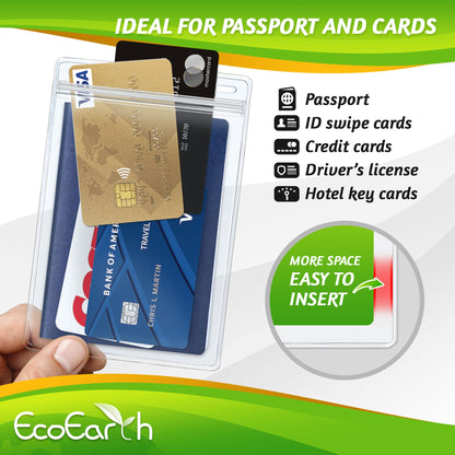 EcoEarth 4x6 Inch Passport & Card Holders with Soft Edge (Clear, 10 PK) - Extra Large (XXL) Vertical ID Holder - Resealable and Waterproof Identification Name Card Holder