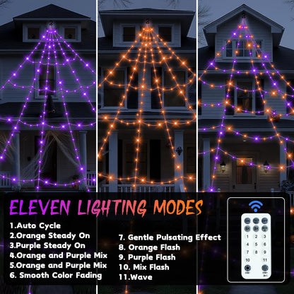 Halloween Decorations Outdoor Spider Web Lights - 550 LEDs Purple and Orange Remote Control Timer Plug in Giant Halloween Decor Cobwebs - 11 Modes Lighting Waterproof Yard Garden Party Decorations