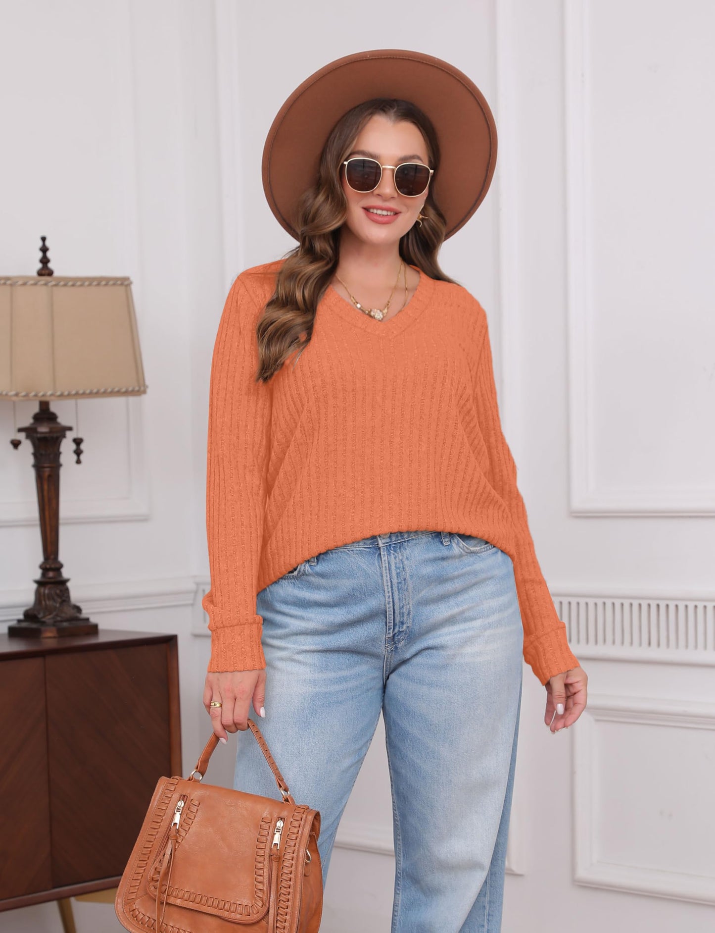 Halloween Sweaters for Women Trendy 2025 V Neck Long Sleeve Thanksgiving Shirts Casual Fall Fashion Tops Pumpkin L