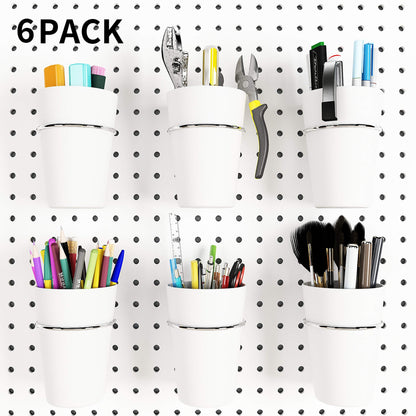 Kuhome 6 Sets Pegboard Hooks with Pegboard Cups, Ring Style Pegboard Bins with Rings, Pegboard Cup Holder Accessories for Organizing Storage (White)