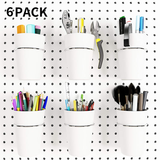 Kuhome 6 Sets Pegboard Hooks with Pegboard Cups, Ring Style Pegboard Bins with Rings, Pegboard Cup Holder Accessories for Organizing Storage (White)
