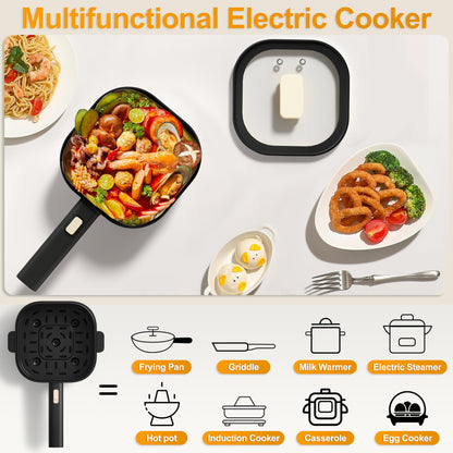 Dezin 2L Electric Hot Pot with Steamer, Rapid 800W Non-Stick Ceramic Coating Dorm Cooking Pot, Plug in Electric Pan Cooker with Adjustable Power for College Hotel Office(Silicone Spatula Included)