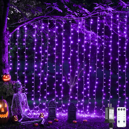 JMEXSUSS 300LED Purple Halloween Lights with Remote, Curtain Hanging Light Plug in, 8 Modes Purple String Lights for Bedroom Window Wall Party Backdrop Christmas Halloween Decorations