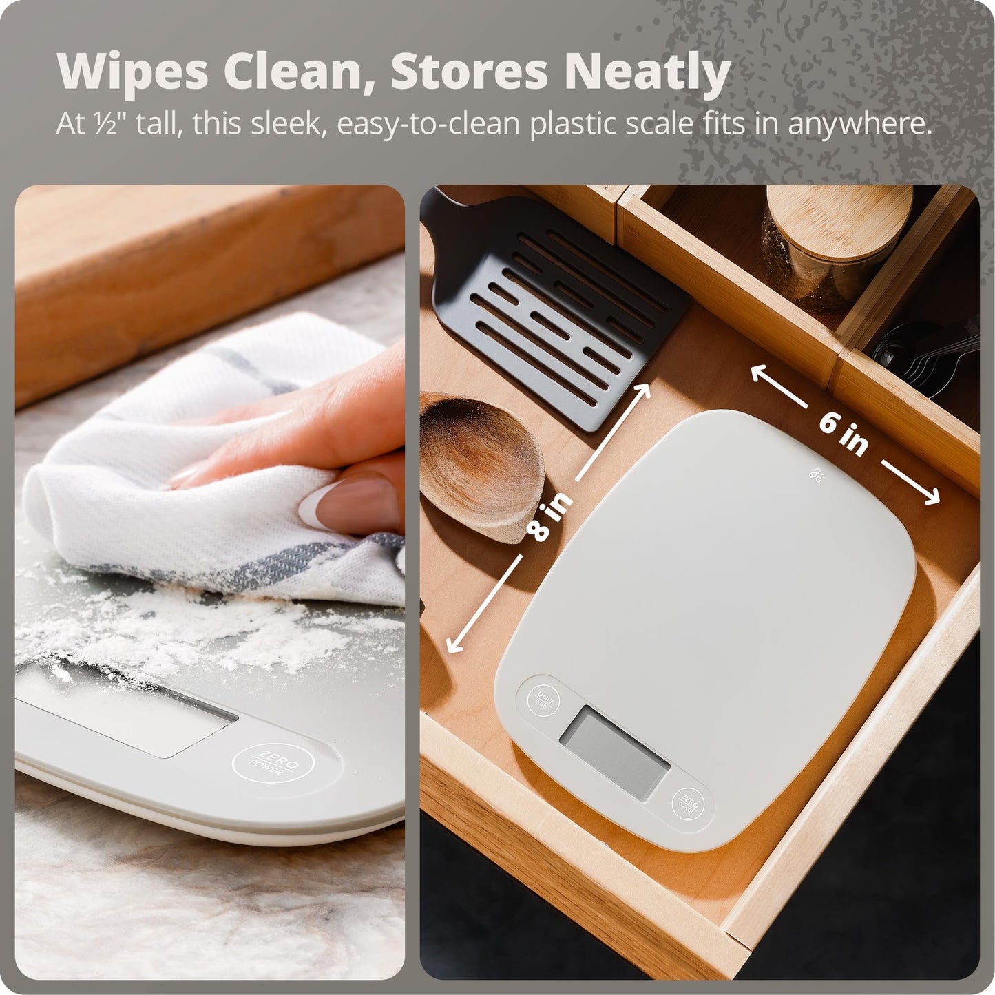 Greater Goods Slim Digital Kitchen Scale – Accurate BPA-Free Food Scale for Cooking, Baking, and Meal Prep, 11lb/5kg with 1 CR2032 Battery Included