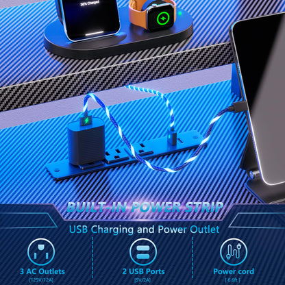 Korfile 40 Inch Gaming Desk with LED Lights & Power Outlet, Small Gaming Computer Desk with Storage Shelves, L Shaped Gamer Workstations with Monitor Stand for Bedroom, Carbon Fiber Black