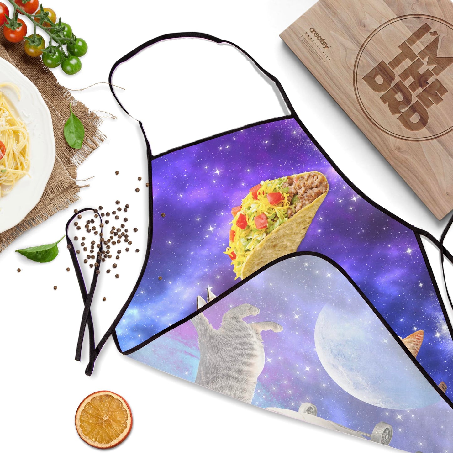 Cute Cat Apron Purple Galaxy Kitten Bib Aprons for Kids Funny Universe Kitty Print Apron for Cooking Kitchen Gardening BBQ and Space Cat Taco Themed Party Gifts