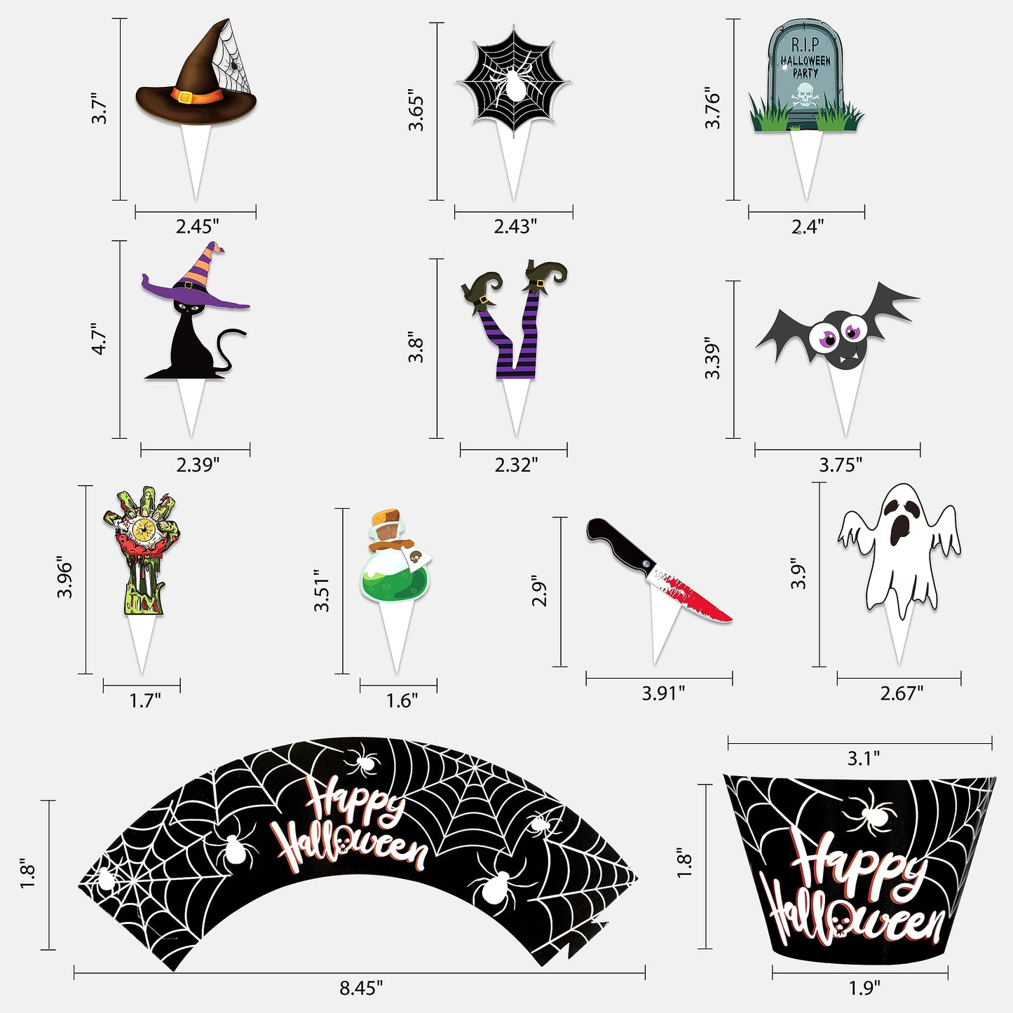 164PCS Halloween Cupcake Toppers Wrappers - Spider Web Pumpkin Zombie Hand Cake Party Decorations Supplies