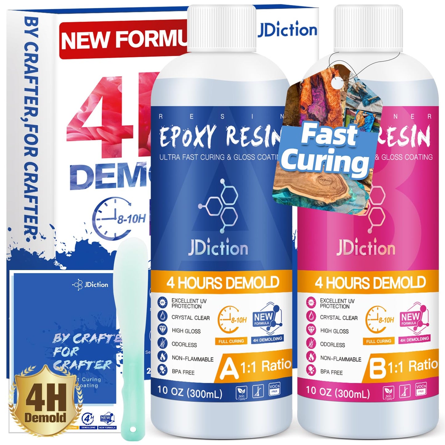 JDiction Fast Cure Epoxy Resin, 20OZ 4 Hours Demold Epoxy Resin Kit - Crystal Clear, Bubble-Free, Not-Yellowing, Self-Leveling for Art Resina, Jewelry, Craft, Fast Casting & Easy Mix Epoxy Resina