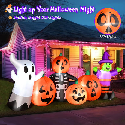 8FT Length Halloween Inflatables Pumpkin Outdoor Decoration, Witch, Ghost, with Blow Up Pumpkin Inflatables Decorations Built-in LED Lights & Powerful Air Blower for Party Garden Halloween Decor