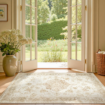 jinchan Washable Area Rug 3x5 Entryway Rug - Distressed Spring Floral Low-Pile Soft Non Slip Indoor Floor Carpet for Kitchen Bedroom Entrance Laundry Living Room(3x5ft,Tan)