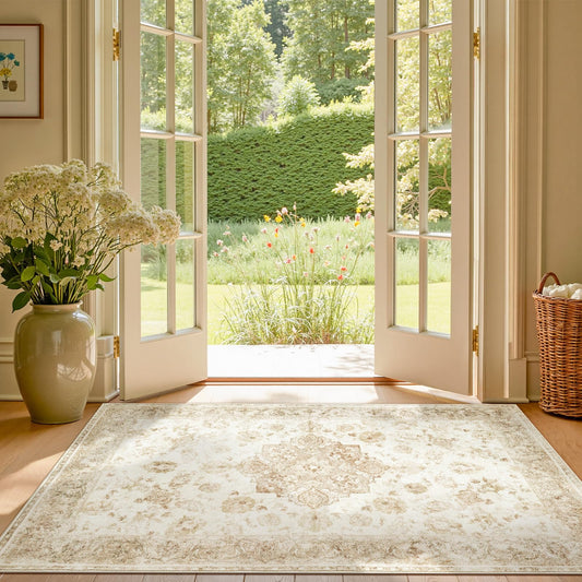 jinchan Washable Area Rug 3x5 Entryway Rug - Distressed Spring Floral Low-Pile Soft Non Slip Indoor Floor Carpet for Kitchen Bedroom Entrance Laundry Living Room(3x5ft,Tan)