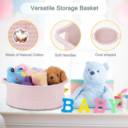 COMSE Small Woven Basket with Gift Bags and Ribbons, Gift Basket Empty, Cotton Rope Storage Organizer, Baby Toy Box with Handles, 12" x 8" x 5", Light pink
