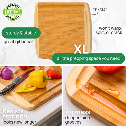 FSC® Certified Organic Extra Large Bamboo Cutting Board – 18 x 12.5 Inch – Reversible Wood Non Toxic Cutting Boards for Kitchen Prep, Meat, Charcuterie & Serving, Lifetime Replacments