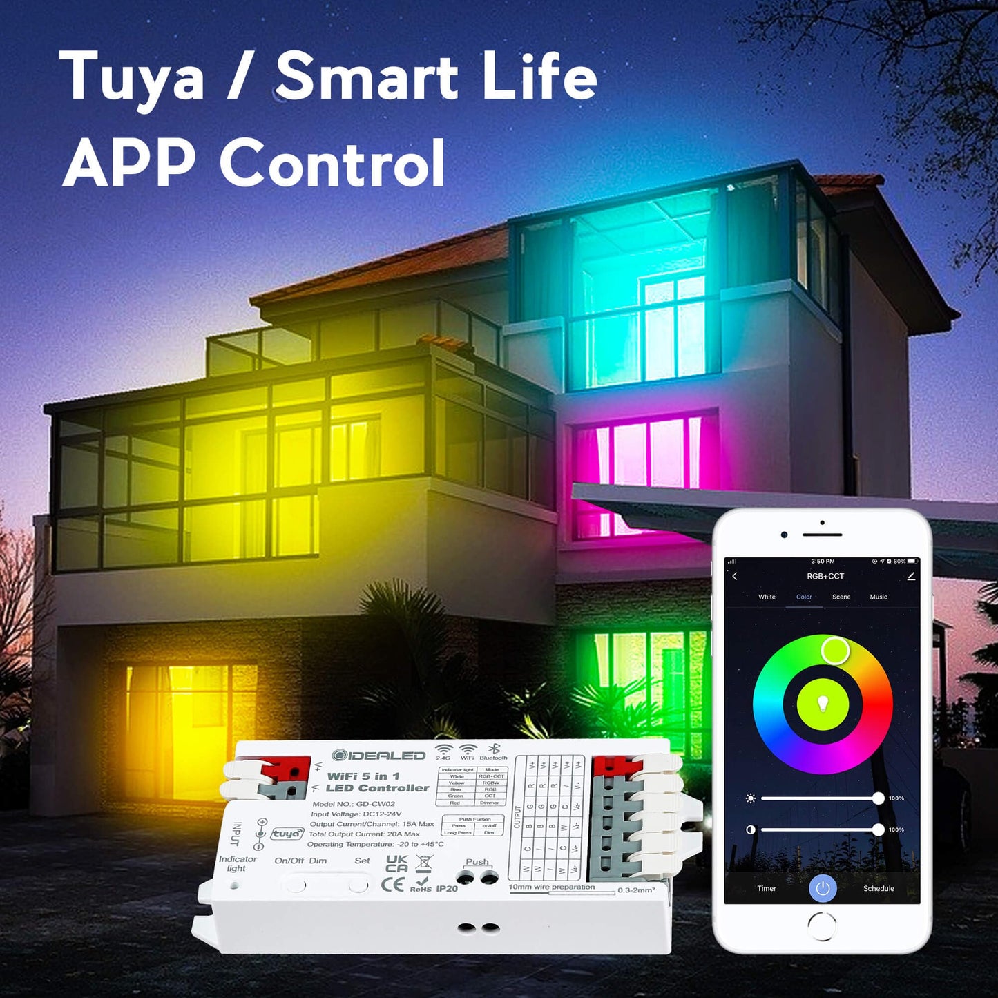 GIDERWEL Smart 5 in 1 WiFi LED Controller RGBWW for Strip Lights RGBCCT RGBW RGB CCT and 5 White Strips,Work with Alexa/Google Assistant,APP/Voice Control Color Change Dimming(Only a WiFi Controller)