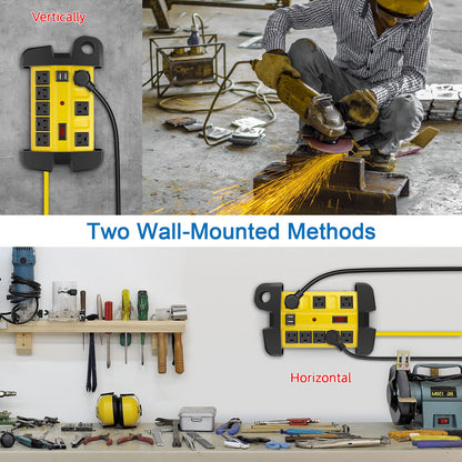 Heavy Duty Power Strip with USB, Workshop 8 Outlet Surge Protector 2700 Joules, Industrial Metal 15Amp Power Strip, 6FT Extension Cord and Wide Spaced. Yellow