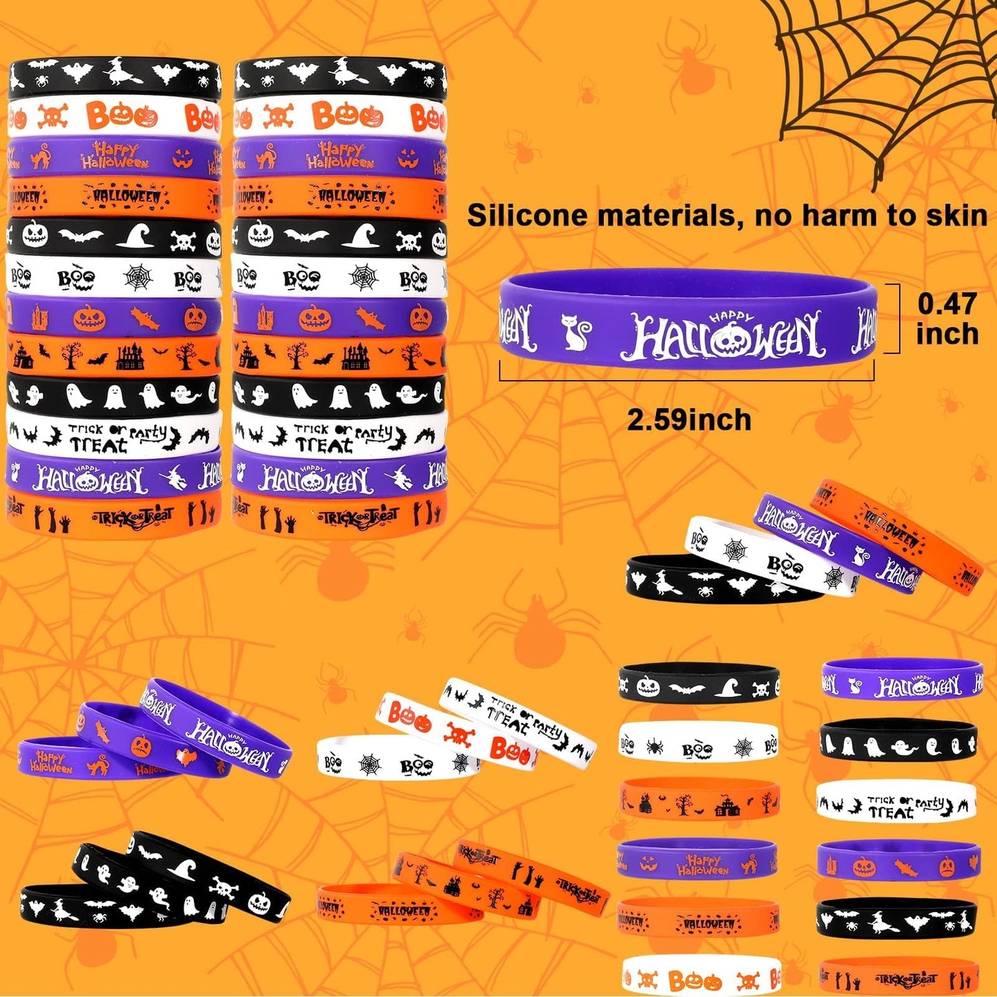 Garma 48Pcs Halloween Slap Bracelets Rubber Wristbands for Halloween Party favors, Kids Girls Boys Toddlers Halloween Gifts