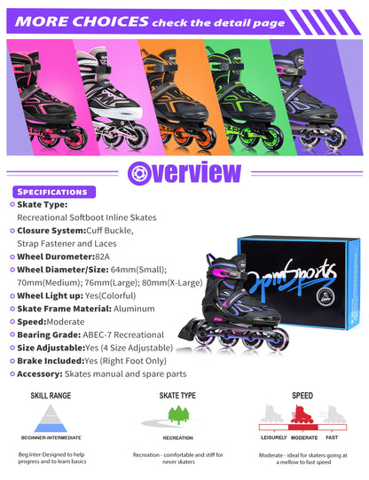 2pm Sports Vinal Girls Adjustable Inline Skates with Light up Wheels Beginner Skates Fun Illuminating Roller Skates for Kids Boys and Ladies - Violet Medium(1Y-4Y US)