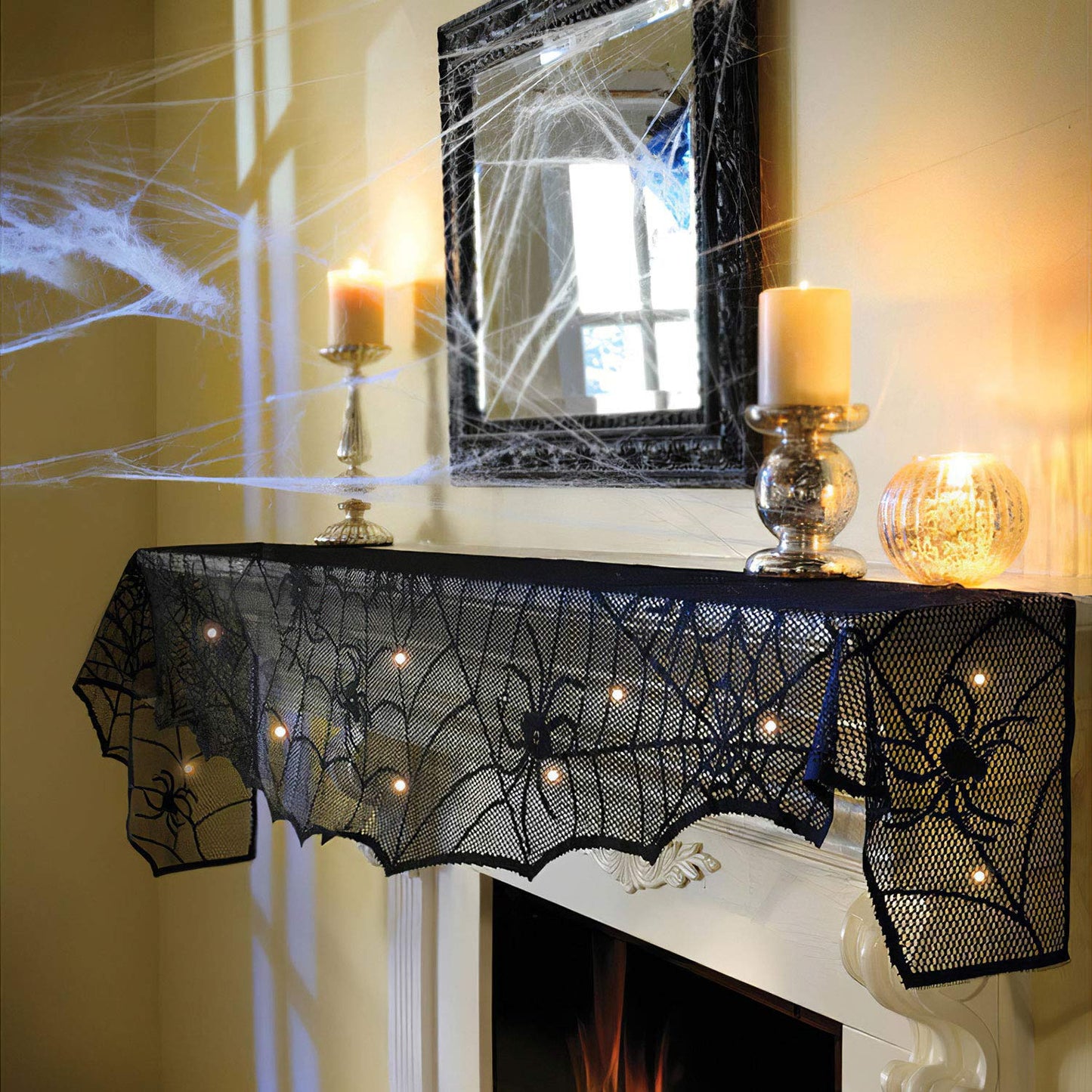 FUN LITTLE TOYS Halloween Decorations Indoor - Mantel with String Lights Lace Spiderweb Decor Inside for Home Party Supplies (18 x 96 inch)