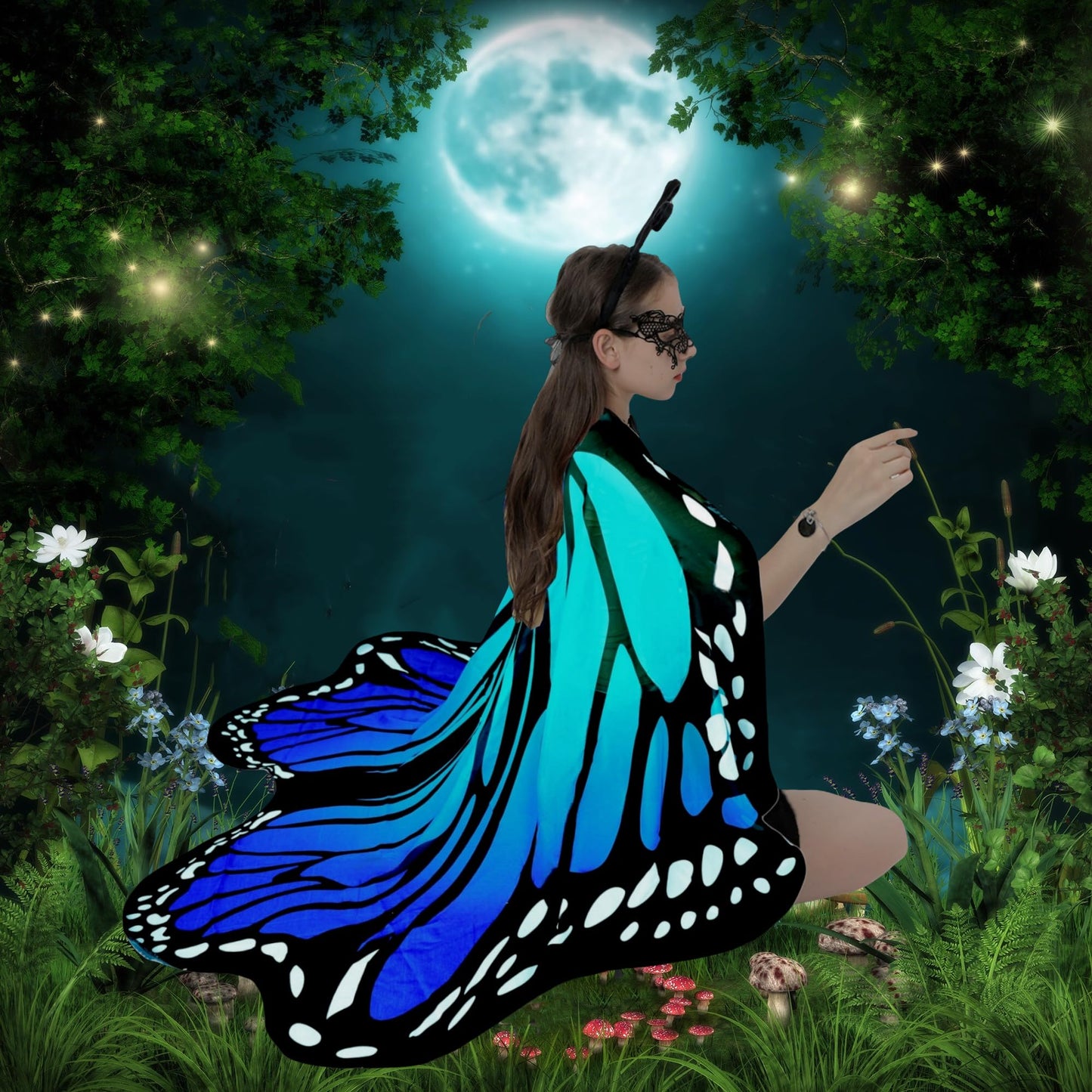 Halloween Costumes for Women Adult Butterfly Costumes Wing Cape Shawl 3Pcs （Green & Blue）