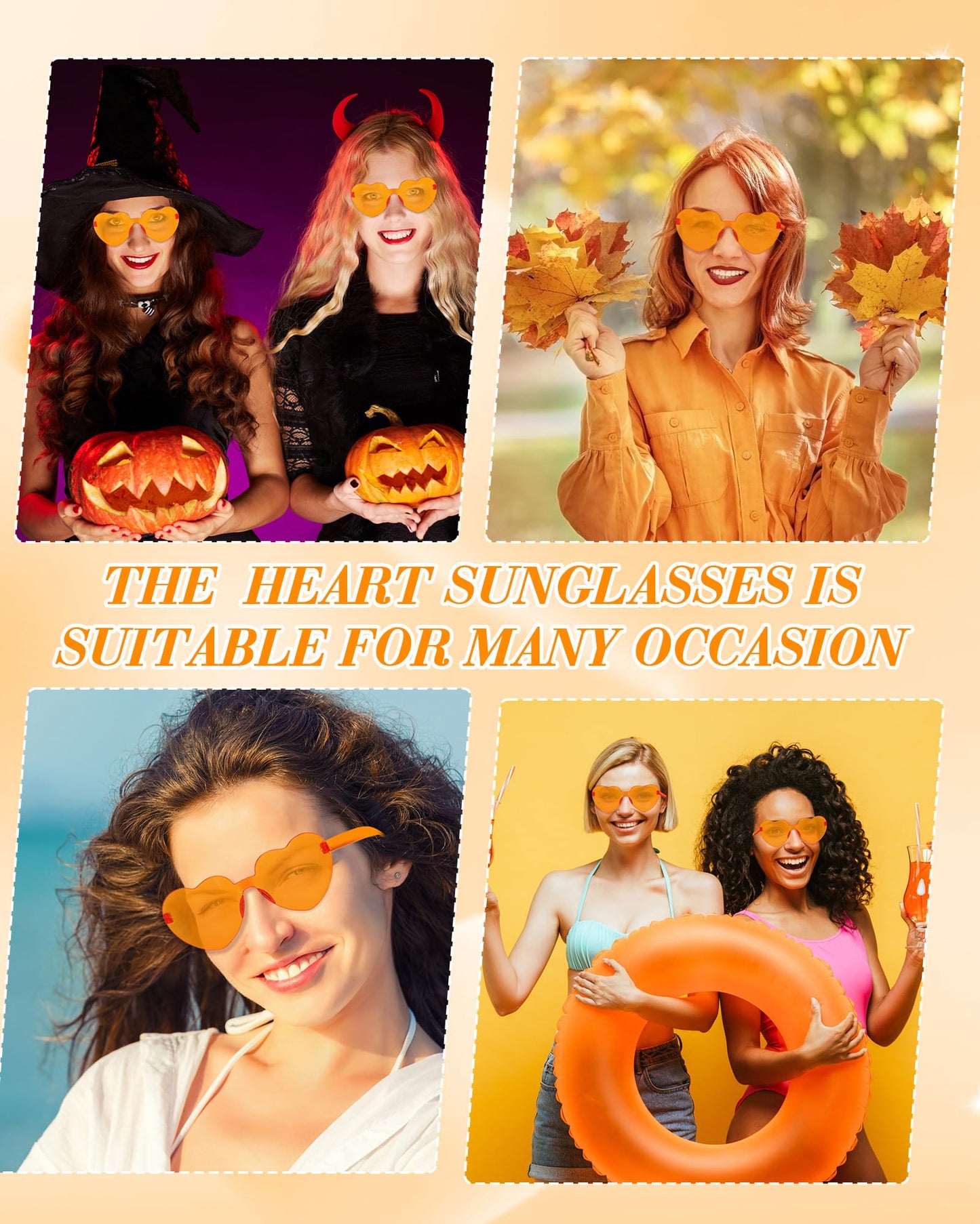Flutesan 30 Pairs Heart Shaped Sunglasses Bulk Spider Halloween Party Rimless Heart Sunglasses Candy Color for Women Men(Orange Color)