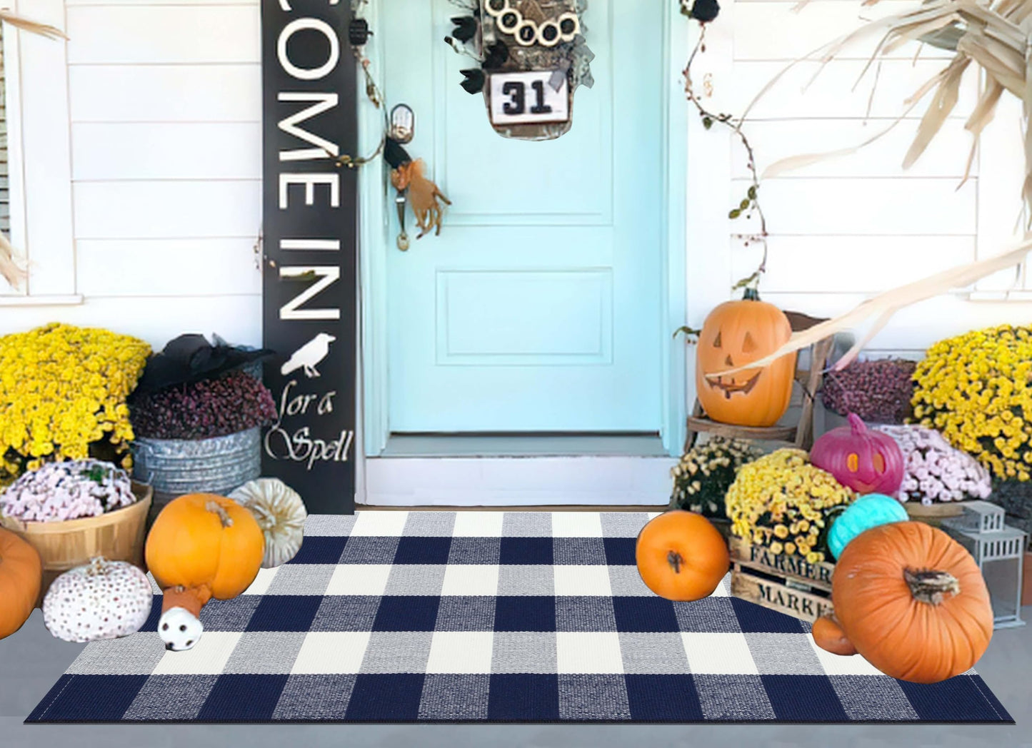 Front Porch Rug 2'X4.3' Blue and White Checkered Outdoor Rug Cotton Woven Washable Halloween Layering Door Mat for Welcome Mat Entryway Bedroom Living Room