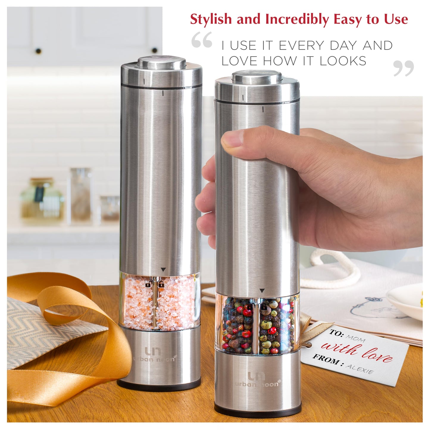 Electric Salt and Pepper Grinder Set - Battery Operated Stainless Steel Mill with Light (2 Mills) - Automatic One Handed Operation - Electronic Adjustable Shakers - Ceramic Grinders