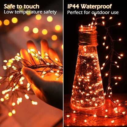 Halloween Fairy Lights Plug in, 10Feet 200 LEDs Firecracker String Lights with Remote, Cluster String Lights for Ceiling Bedroom Wreath Garland Window Bar Haunted Theme Halloween Decoration, Orange